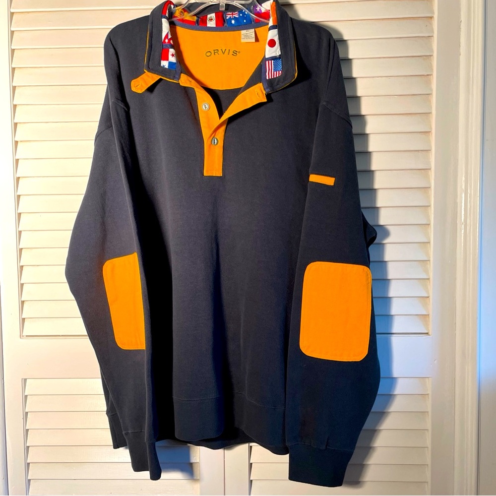 Orvis pullover men’s XL sweater flags design elbow patch